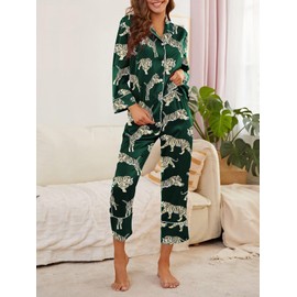 Brosloth Womens Satin Button Up Pajamas Long Sleeve Soft Silk Pajamas Sets Cute Tiger Printed 2 Piece Loungewear Dark Green 2XL