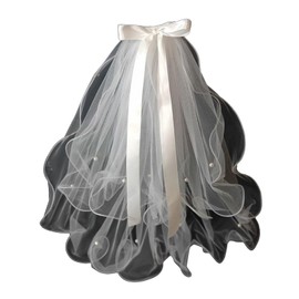 YUWENW Wedding Veil, Short Veil, Bride Veil, Pearl Beads, Wavy Edge, Veil Down, Bowknot, White, Double Layer, Wedding, Coming-of-Age Ceremony, Stage Play, Bride Ornament, 21.7 inches (55 cm)