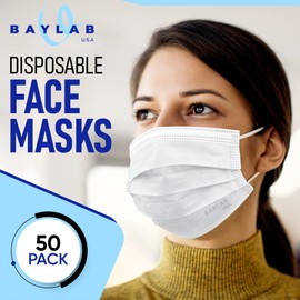 BAYLAB USA ASTM Level 1 Disposable 3-Layer Face Masks, White Tide, Pack of 50