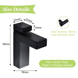 UFURMATE Glass Clamp 2 Pack Black Adjustable Wood/Glass Shelf Brackets Wall Mounted Glass Holder Support Solid Metal Floating Glass Clamps, Fits 5-30mm Thick Shelves (L)