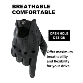 LIBO Genuine Leather Driving Gloves for Men Women, Unlined Full Finger Motorcycle Gloves, Button Closure (Non Touchscreen)