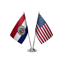 American & State Flag Desk Set – 6 x 9” Premium Satin Table Flags with Heavy Chrome Stand, Non-Tip Base – USA & State Mini Flags for Office or Decor (Missouri)