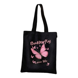 SHENHE Women's Linen Tote Bag Butterfly Patterned Grocery Shopping Travel Reusable Shoulder Bag, Black, One Size