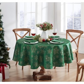 Newbridge Fancy Metallic Snowflake Christmas No-Iron Soil Resistant Fabric Holiday Tablecloth, Sparkling Snowflakes Lurex Woven Easy Care Tablecloth, 70 Inch Round, Hunter/Gold