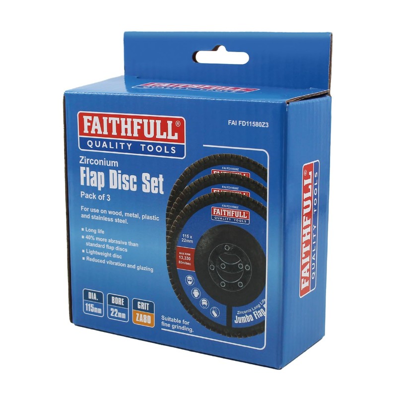 Faithfull FAIFD11580Z3 115mm Flap Disc Zirconium Set - 80 Grit,