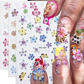 Flower Nail Stickers for Nail Art 5D Hibiscus Nail Art Stickers Self Adhesive Cute Colorful Petal Nail Art Design Sticker Valentines Nail Supplies Floral Nail Decals for Women DIY Manicure 3 Sheets
