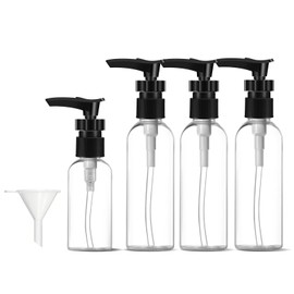 IBQKDSD Travel Bottles for Toiletries, 4 Pcs Refillable Pump Bottle Dispenser with Funnel, 100 Ml Travel Bottles for Shampoo Conditioner Body Wash Lotions (Black)