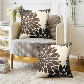 Velvhom Decorative Cushion Covers Brown Black Dahlia Flowers Boho Cushion Cover 40 x 40 cm Linen Sofa Cushion Cover Abstract Outdoor Cushion Decorative Cushion Covers for Living Room Bedroom Sofa