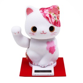 大阪長生堂 置物 招き猫 ソーラー 猫 開運グッズ オリジナル木札付 (ぷくぷくソーラー 招き猫 ちりめん ピンク)