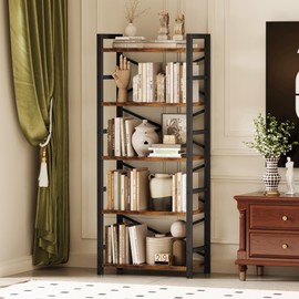 Organization and Storage, 5 Tier Bookshelf, Tall Bookcase with Shelves, Wood and Metal Book Shelf Storage Organizer, Industrial Display Standing Shelf Unit for Bedroom, Living Room, Rustic Brown