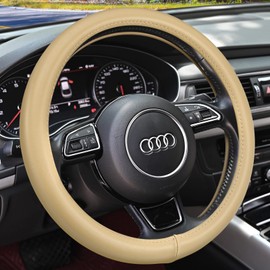 Haokay Heavy Duty Pure Cowhide Steering Wheel Cover SUV Car, Beige Genuine Leather Steering Wheel Cover Men Women Universal 14.5 to 15 Inch