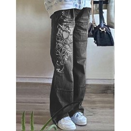 Xineicy Women's Low Rise Heart Pattern Baggy Jeans Washed Wide Leg Denim Cargo Pants