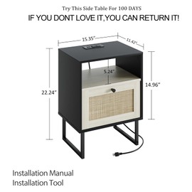 Masupu Boho Night Stand, Small Rattan Side Table, Wood Nightstand with Drawer and Charging Station, Bedside Table with White Shelf, End Table for Bedroom,Living Room,Office (Black Mix White)