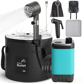 Rechargeable Camping Shower Pump, 9000mAh Portable Shower for Camping, 4 Sprayer Modes Electric Outdoor Shower Head IPX7 Waterproof USB Battery Powered Kit with 5 Gallon Bucket&Foot Pad (Blue)