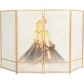 Ilyapa 4-Panel Metal Fireplace Screen Stand Alone for Wood Burning Fireplaces & Gas - Gold - 48 x 29 Inch - Durable Steel Mesh Spark Guard, Easy Fold Panels for Storage, Fire Place Screen Decorative