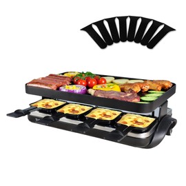 TAMARIT Classic 8 Person Raclette Grill 1500W Electric Tabletop Griddle with Reversible Plate, 8 Non-Stick Cheese Trays and Spatulas Indoor Portable Korean BBQ Barbecue Party Grill Black