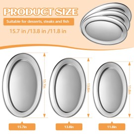 FoldTier 3 Pcs Stainless Steel Serving Tray Large Oval Platter Set,Oval Serving Set Heavy Duty Metal Serving Tray Large Mirror Polish Sizzle Plate,11.8 In, 13.8 In, 15.7 In