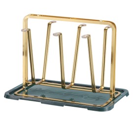 uxcell Cup Drying Rack with Drain Tray, 265x185mm Bottle Drying Rack, 6 Cups Mug Glass Bottle Organizer with Silicone Protective Hooks for Home Counter, Office, Kitchen (Gold)