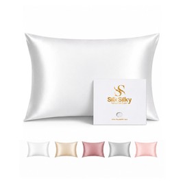 SilkSilky 100% Pure Organic Mulberry Silk Pillowcase for Hair & Skin, Both Sides Grade 6A Pillow Cases with Hidden Zipper, Breathable Cooling Silk for Beauty Sleep (Standard 20''x26'', White)