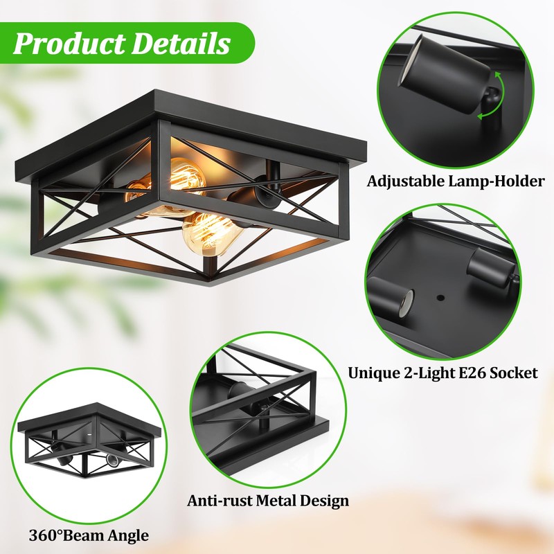 Kondras 2-Light Industrial Square Flush Mount Ceiling Light, Farmhouse Ceiling