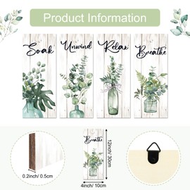 Arquiel 4Pcs Boho Plants Wooden Wall Art Decor Green Leaves Wood Wall Hangings Rustic Laundry Wooden Plaque Bathroom Living Room Bedroom Wall Decor (W: 11.8inches/30cm)