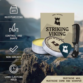 Striking Viking Mustache Wax Kit with Comb - 2 oz, Vanilla - Strong Hold Vanilla Mustache Wax & Anti-Static Comb for Precise Grooming - Non-Greasy Formula for Easy Beard Care