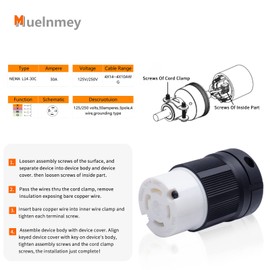 Muelnmey Locking Female Connector NEMA L14-30C 2PCS for Generators, Electrical Connector with Extension Cord End 30A, 125/250V, 3-Pole 4-Wire Industrial Grade Heavy Duty Grounded, ETL Listed.