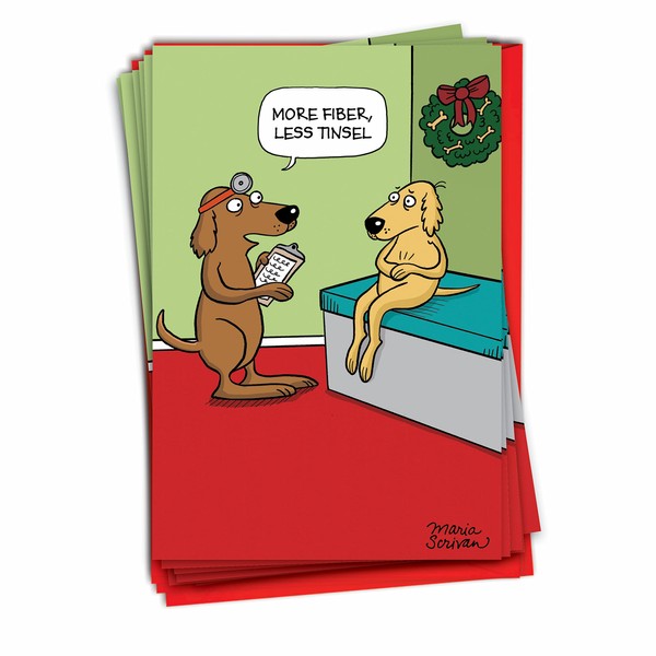 NobleWorks - 12 Merry Christmas Cards Funny - Boxed Set of Cartoon Animals, Festive Humor Holiday Xmas Cards (1 Design, 12 Cards) - Tinsel Dog C6239XSG-B12x1