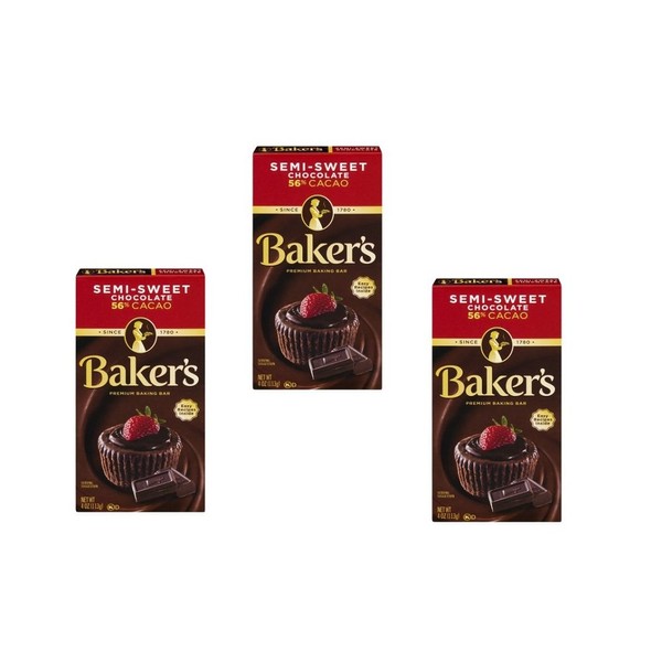 Baker's Baking Chocolate Bar 56% Cacao Semi-Sweet, 4 Oz (Pack of 3)