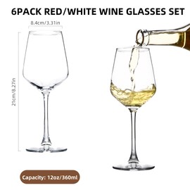 HAKEEMI Wine Glasses Set of 6, 12 oz Red & White Wine Glasses, Long Stem Glassware for Party, Wedding and Home, Dishwasher Safe (6 PCS)