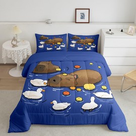 jejeloiu Cartoon Capybara Bedding Set Twin Size Cute Goose Comforter Set for Kids Boys Girls Decor Lemon Pattern Comforter Cute Animals Lovers Blue Duvet Set Bedroom Quilt Set