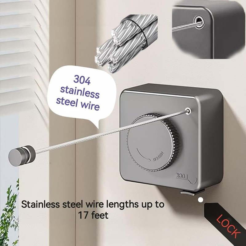 Retractable Clothesline, Wall Mounted, Stainless Steel, 17 Ft Indoor Outdoor