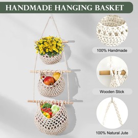 Cimvidi Hanging Fruit Baskets, 3-Tier Fruit Hanging Basket, Hand Woven Hanging Storage Baskets for Kitchen, Living Room, Bathroom, Bedroom