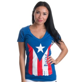 Boricua - Cute PR Puerto Rican Pride, Nuyorican Flag Ladies' Rico V-Neck T-Shirt-(Vneck,L)