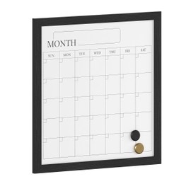 Martha Stewart Everette Magnetic Monthly Calendar Dry Erase Board with Included Dry Erase Marker and 2 Magnets, 18" x 18", Black Woodgrain Frame