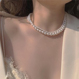 Cimenexe Bohemian Layered Pearl Choker Necklace Round Pearl Collar Necklace Retro Pearl Chain Necklace Minimalist White Pearl Necklace Jewelry for Women and Girls Gifts