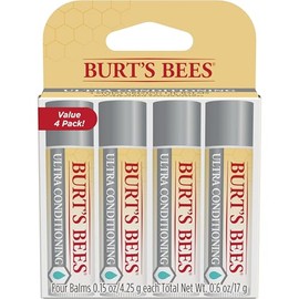 Burt's Bees Bálsamo labial, cuidado de labios hidratante, 100% de origen natural, ultra acondicionador con karité, cacao y manteca de kokum, 0.15 onzas, cuatro tubos