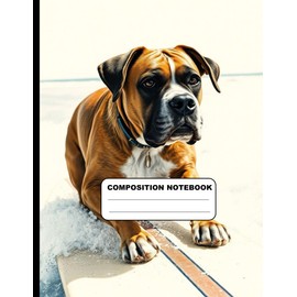 Drawing Of An Adventurous Boxer Dog Surfing College Ruled Composition NoteBook: Glossy Paperback Notebook: 120 Pages Size 8.5 Inches By 11 Inches