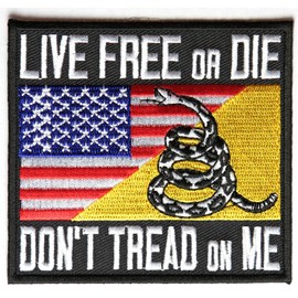 LIVE FREE OR DIE DON'T TREAD ON ME WITH AMERICAN FLAG AND GADSDEN FLAG PATCH - Color - Veteran Owned Business.