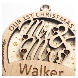 1st Christmas As Mr & Mrs Newlyweds Xmas Gift - Wooden Tree Bauble Decoration Double Layered 3D Xmas Gift