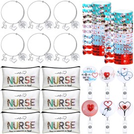 38 Pcs Nurse Appreciation Gift Set, Include 6 Nurse Cotton Makeup Bag Cosmetic Pouch 6 Retractable Nurse Badge Holder Reel with Clip 5 Nursing Hair Elastic Ponytail Holder 6 Bracelet (Vivid Style)