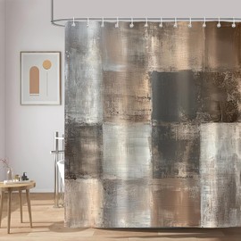 Brown Grey Abstract Shower Curtain, Rustic Farmhouse Acrylic Aesthetic Unique Vintage Bathtub Shower Curtains Decor for Bathroom Set, Washable Cloth Waterproof Fabric with 12 Hooks, 72x84 Inch
