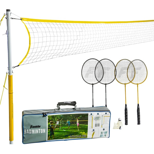 Franklin Sports Badminton Set - Backyard + Beach Badminton Net Set - Rackets and Birdies Included - Portable 4 Player Badminton Game - Family