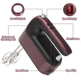 Yomelo 9-Speed Digital Hand Mixer Electric, 400W Powerful DC Motor, Baking Mixer Handheld with Snap-On Storage Case, 5 Stainless Steel Accessories, Flat Beaters, Dough Hooks, Whisk (Grape Purple)