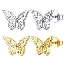 Regalos para Mujer 2 Pares de Aretes de Mariposa para Mujer, Aretes Tuerca Acero Inoxidable, Hipoalergénicos, Accesorios de Joyería Ligera de Moda