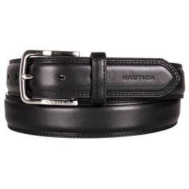 Nautica Men Bold Fashion and Dress Leather Belt with Metal Buckle, Logo Inlay Double Stitch-Black, 32