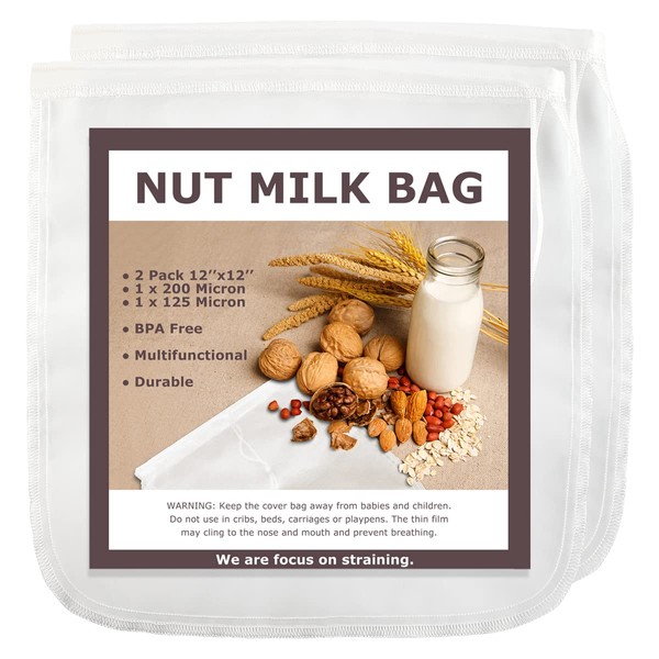 Nut Milk Bags, 12"x12", 2 Pack, Reusable Nylon Food Strainer, Multi-use Food Grade Filter for Almond Milk, Juice, Cheese, Tea, Cold Brew Coffee(1x200 Micron & 1x125 Micron)