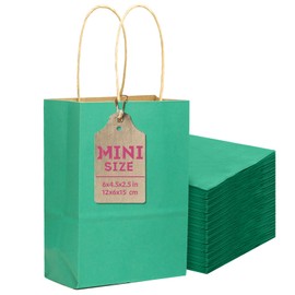 qiqee 24 Pcs Blue Green Mini Paper Gift Bags 6"x4.5"x2.5" with Handles Small Brown Kraft Party Favor Bags Treat Bags Multiple Uses (Mini size)