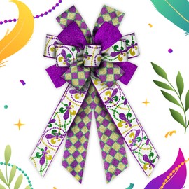 Hying Large Mardi Gras Bows for Wreath, Mardi Gras Fleur de Lis Wreath Bows Glitter Purple Grid Bows Fat Tuesday Tree Bows Ornaments for Front Door Home New Orleans Carnival Decorations