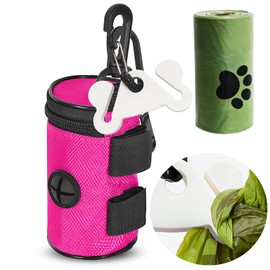 Dog Poop Bag Holder for Leash Attachment Dog Waste Bag Dispenser for Leash - Fit Any Dog Leash Portable Set with Dog Poop Bags & Hand Free Holder Holder Carrier, Round, Pink